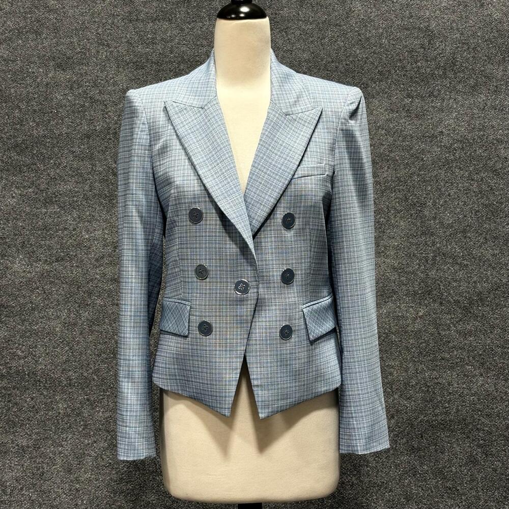 Veronica Beard Blazer Womens 8 Blue Diego Dickey Jacket Check Double Breasted